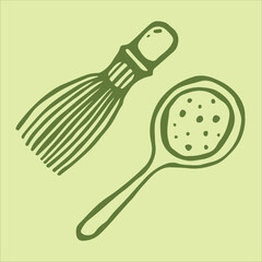 Charming doodle-style round spoon and whisk, key tools for vibrant matcha green tea.