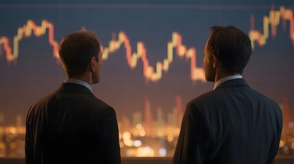 Two businessmen in suits analyzing market charts on a large screen with a city skyline at night in the background