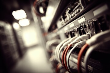 Data center with server hardware and network cables, modern technology concept