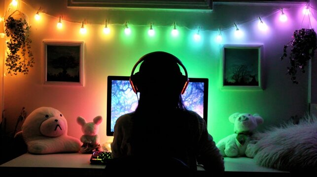 Gamer immersed in a gaming environment with led light - Powered by Adobe