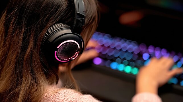 Young gamer girl wearing headset plays computer games with a colorful keyboard - Powered by Adobe