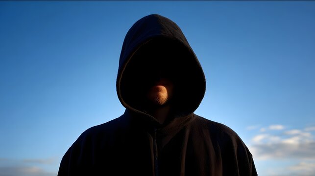 Person in a black hoodie with hidden face against a bright blue sky - Powered by Adobe