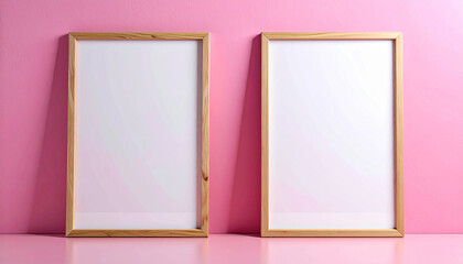 Fototapeta premium Two empty white picture frames with wooden borders leaning against pink wall, blank posters