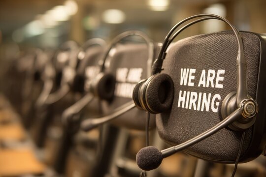 Hiring headset in a call center office with We are Hiring words.