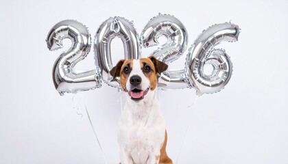 Cute Dog Carrying 2026 Silver Balloons in a Fun Celebration Scene on White Background
