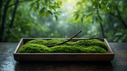 Zen Garden Tray with Moss and Twigs on a Rainy Day, Serene Nature Scene with Greenery, Wooden Box, and Soft Light, Perfect for Meditation and