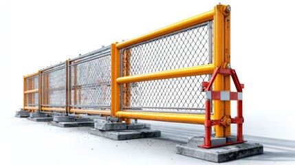 Construction Site Barrier: A robust, yellow and red construction site barrier effectively secures the work zone, featuring a metallic mesh and solid supports for safety and efficient demarcation.