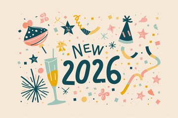 Diverse Cartoon Characters Celebrating New Year 2026.