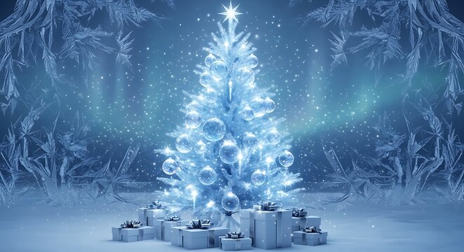 Illuminated Christmas Tree with Presents in Snowy Landscape - Powered by Adobe