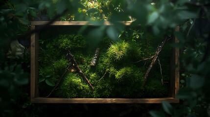Moss Terrarium in Wooden Frame with Twigs and Water Droplets, Lush Greenery, Tranquil Nature Scene, Perfect for Biophilic Design and Sustainable