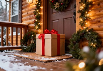 A festive gift box sits on a snowy log cabin porch decorated with wreaths, garlands, and warm string lights.