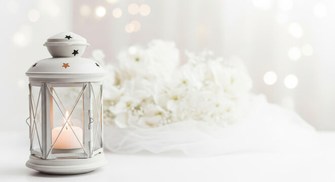 White Lantern Candlelight Still Life Home Decor Interior Design Ornament Bokeh Glow
