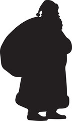 The silhouette of Santa Claus with a large bag is highlighted in black on a white background. The character stands tall and points to the right.