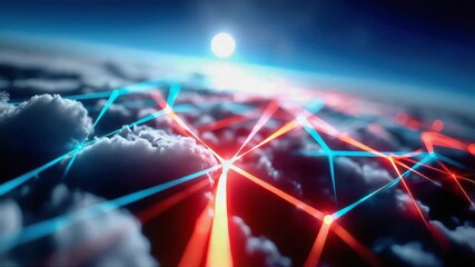 A futuristic digital network spreading across clouds with glowing red and blue connection lines - Powered by Adobe