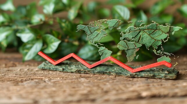 World map illustrating economic decline with a red line depicting a recession trend