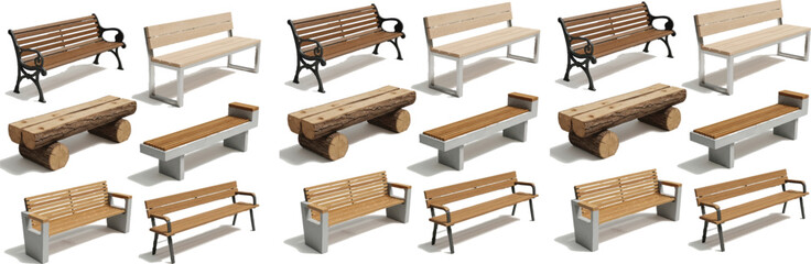 Urban bench designs, wooden slats, metal frames, concrete ends, park seating, outdoor furniture, public space, landscape architecture, style comparison