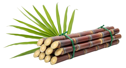 Bundle of fresh sugar cane with a vibrant green leaf providing a natural sweet resource harvested for its rich sucrose content and used in various culinary and industrial applications