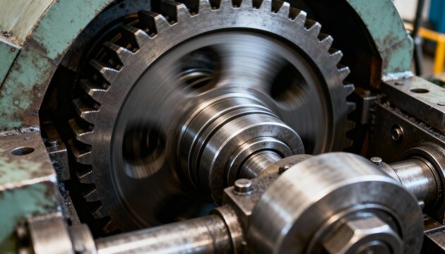 Motion blur captured on a rotating metal gear and shaft assembly inside aged industrial equipment.