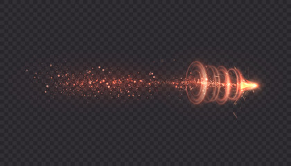 A bright, glowing energy effect with circular magic rings and a stream of sparkling particles on a dark background. A dynamic light strike effect for attacks, magic spells, and light overlays. © Valeriia
