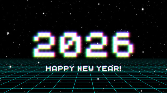 2026 New Year sign with glitched glowing pixels and grid. Winter holiday and year change symbol.