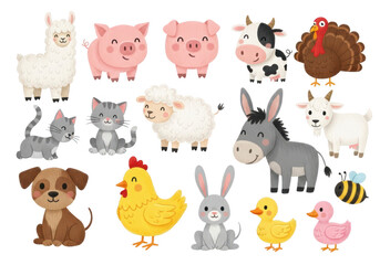 Naklejka premium Cute cartoon farm animal collection including llama, pig, cow, turkey, cat, sheep, donkey, goat, dog, chicken, rabbit, duck, and bee isolated on transparent background