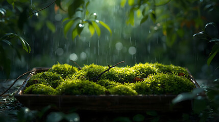 Lush Green Moss in Wooden Tray Under Gentle Rain in Forest, Serene Nature Scene with Soft Lighting and Bokeh, Tranquil Environment and Fresh Atmosphere