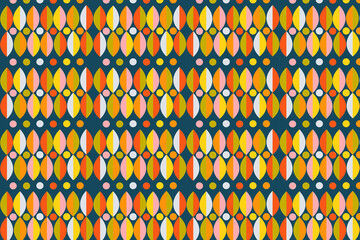 Vibrant retro geometric seamless pattern with repeating leaf-like shapes in warm tones on a dark background. Ideal for textiles, wallpaper, or bold graphic design.