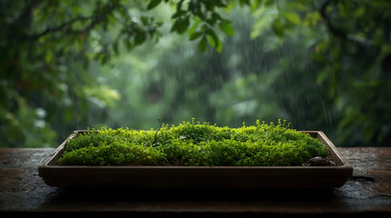 Miniature Green Moss Garden in a Tray on Wooden Surface with Rain and Lush Greenery in the Background, Nature Still Life, Tranquil Scene