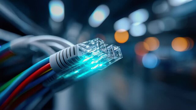 Close-up of turquoise cables connected to a network switch with glowing indicator lights