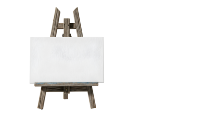 Blank white canvas on a rustic wooden easel, isolated on a black background.