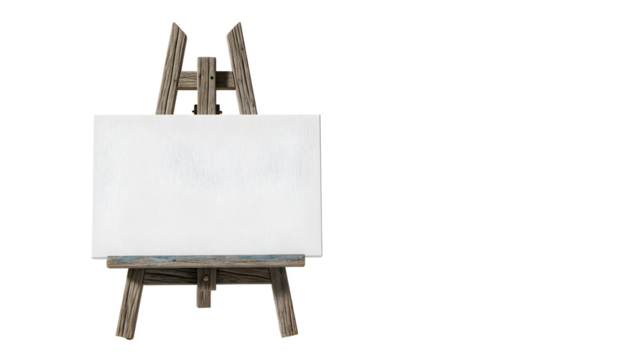 Blank white canvas on a rustic wooden easel, isolated on a black background.