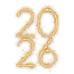 2026 happy new year date number in a two-line layout of sharp, sparkling gold sparkler isolated on a transparent background