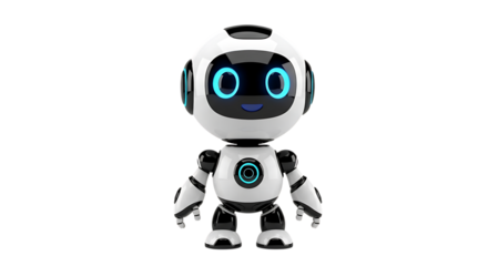 Cute cartoon robot character isolated on black background with a friendly face design illustrating artificial intelligence and futuristic robotics technology for children and educational purposes