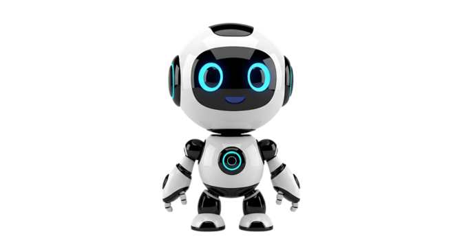 Cute cartoon robot character isolated on black background with a friendly face design illustrating artificial intelligence and futuristic robotics technology for children and educational purposes