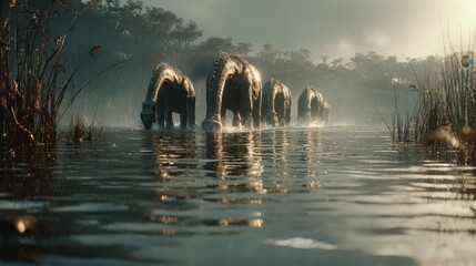Herd of Triceratops Dinosaur Walking Through a Watering Hole in Prehistoric Jungle Scene