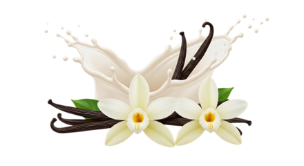 Elegant Vanilla Bean Arrangement with Creamy Splash and Delicate Flowers showcasing the rich flavor and natural beauty of vanilla as a gourmet ingredient for culinary creations