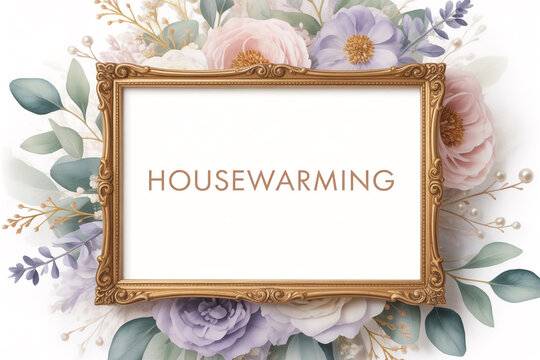Elegant housewarming party invitation template with floral frame and soft pastel colors, perfect for celebrating new beginnings and creating memorable moments