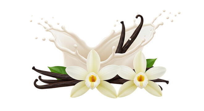 Elegant Vanilla Bean Arrangement with Creamy Splash and Delicate Flowers showcasing the rich flavor and natural beauty of vanilla as a gourmet ingredient for culinary creations