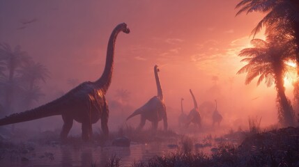 Dinosaurs Walking Through a Prehistoric Jungle at Sunset with Palm Trees and Mist