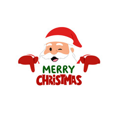Winking cartoon santa claus character peeking from behind a 'merry christmas' sign, ideal illustration for holiday greetings and festive designs