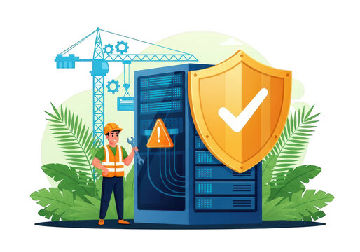 Server maintenance and data security concept with technician, warning sign, and large shield protecting computer hardware rack illustration isolated on transparent background
