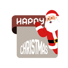 Jolly santa claus character peeking from behind a festive happy christmas banner, a cheerful vector illustration for holiday greetings