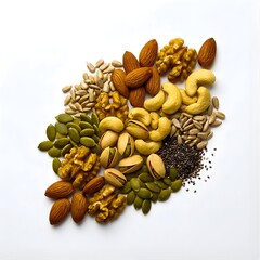 Macro shot of mixed nuts and seeds on white background, protein-rich clean diet concept, high detail.