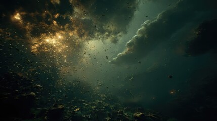 Dramatic underwater scene with sunlight penetrating through turbulent water and floating debris