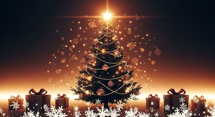 Illuminated Christmas Tree with Gifts and Snowflakes