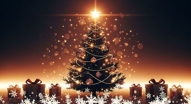 Illuminated Christmas Tree with Gifts and Snowflakes