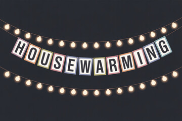 Celebrate a new home with a charming housewarming banner and twinkling lights, perfect for invitations, announcements, and cozy gatherings with loved ones