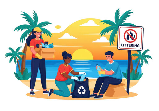 Diverse group of volunteers cleaning up trash on a sunny beach during sunset, promoting environmental responsibility and antilittering awareness isolated on transparent background - Powered by Adobe