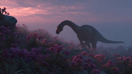 Dinosaur in Prehistoric Jungle at Sunset with Pink and Purple Clouds
