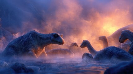 Herd of Dinosaurs Resting and Bathing in a Primeval Swamp at Sunset